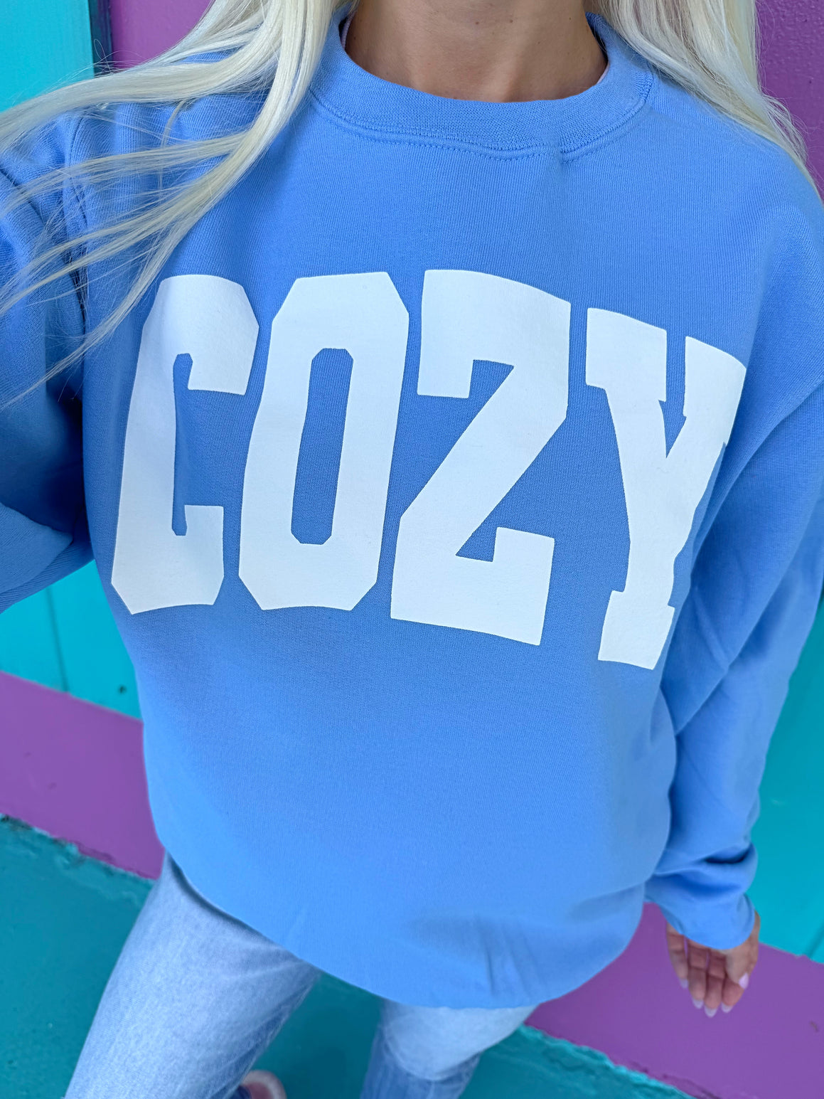 Cozy Sweatshirt - Blue or Pink with White Print