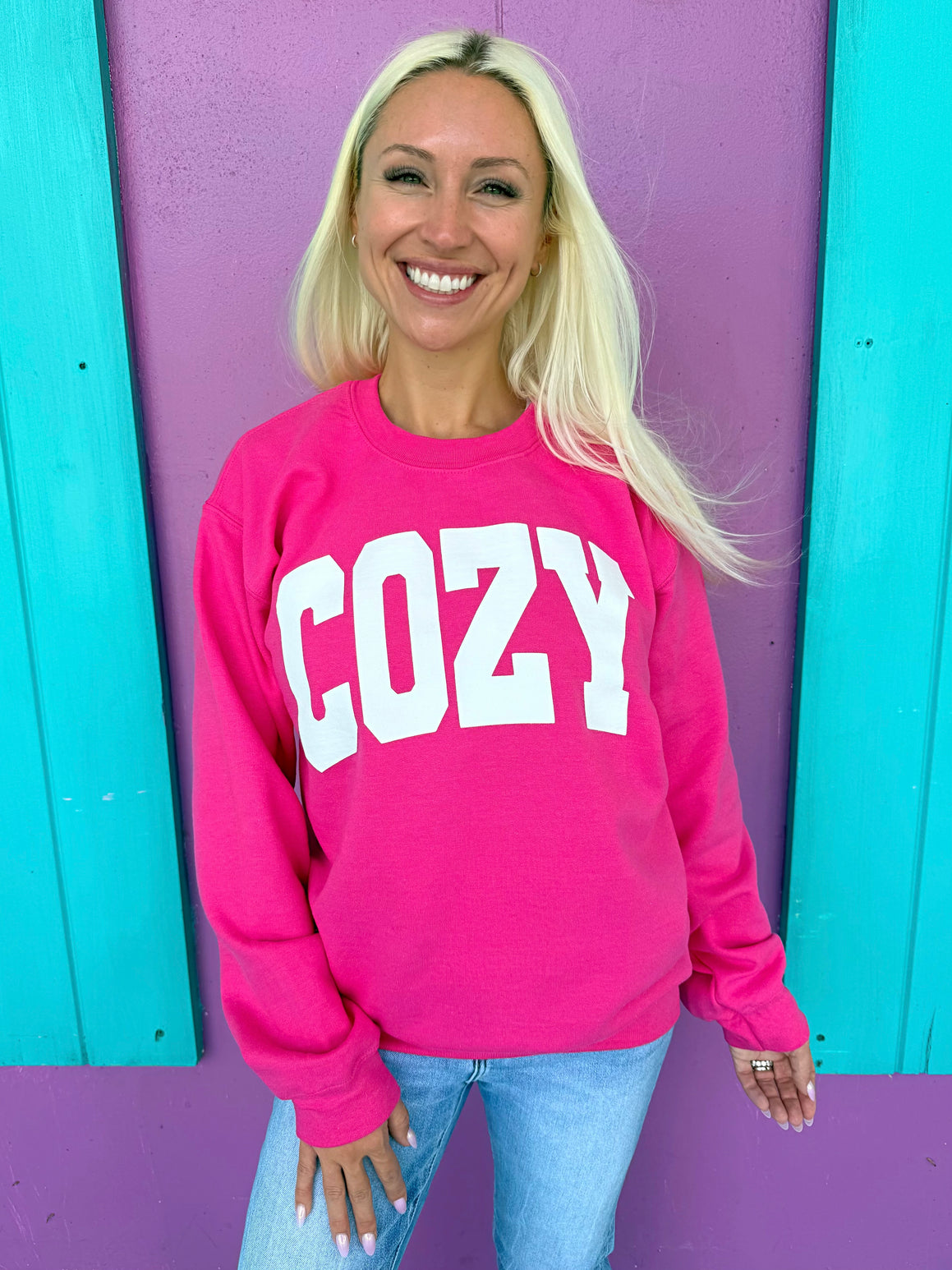 Cozy Sweatshirt - Blue or Pink with White Print