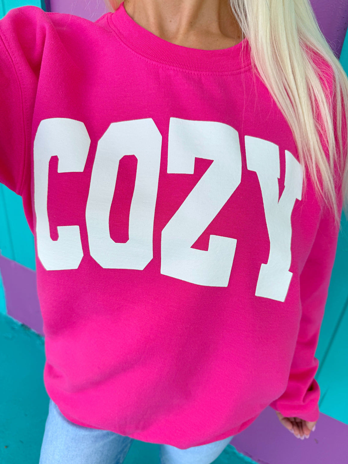 Cozy Sweatshirt - Blue or Pink with White Print