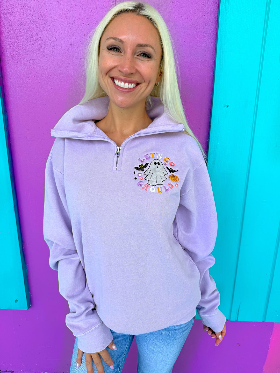 Let's Go Ghouls Embroidered Quarter Zip Pullover
