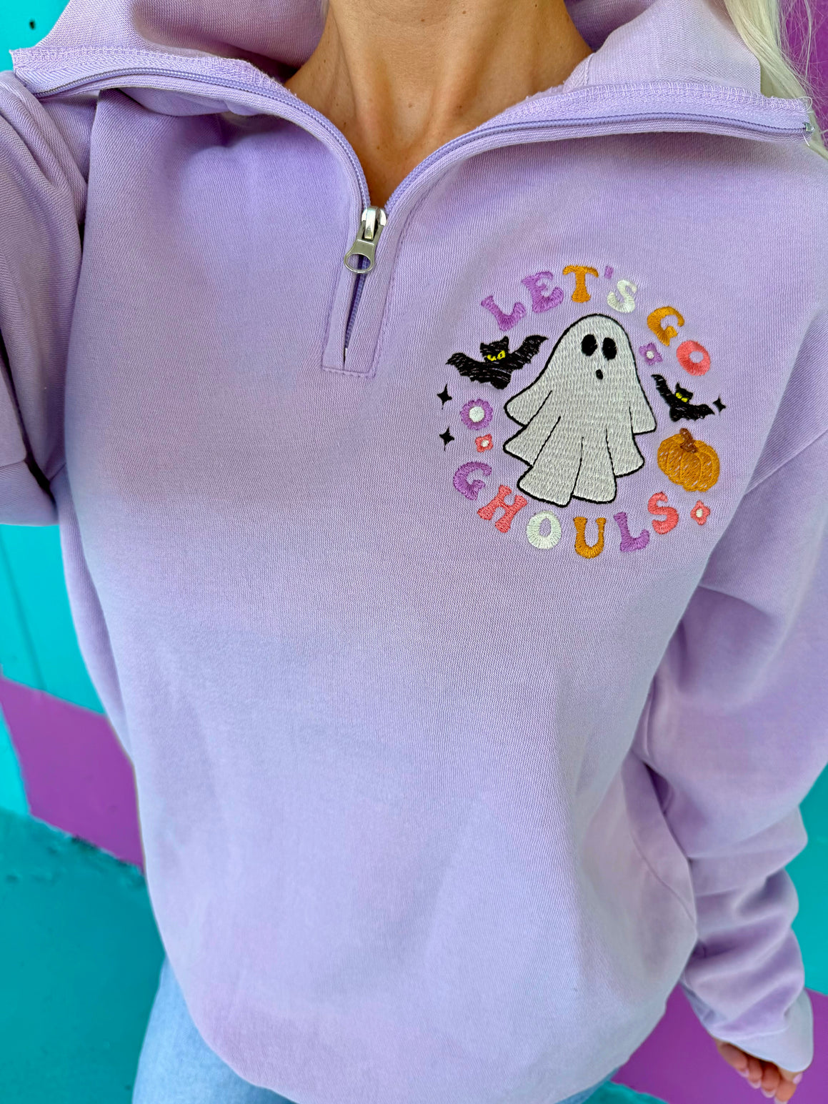 Let's Go Ghouls Embroidered Quarter Zip Pullover