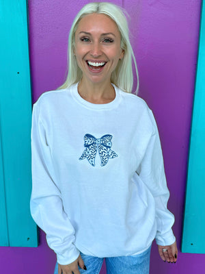 Dashing Denim Bow Embroidered Sweatshirt