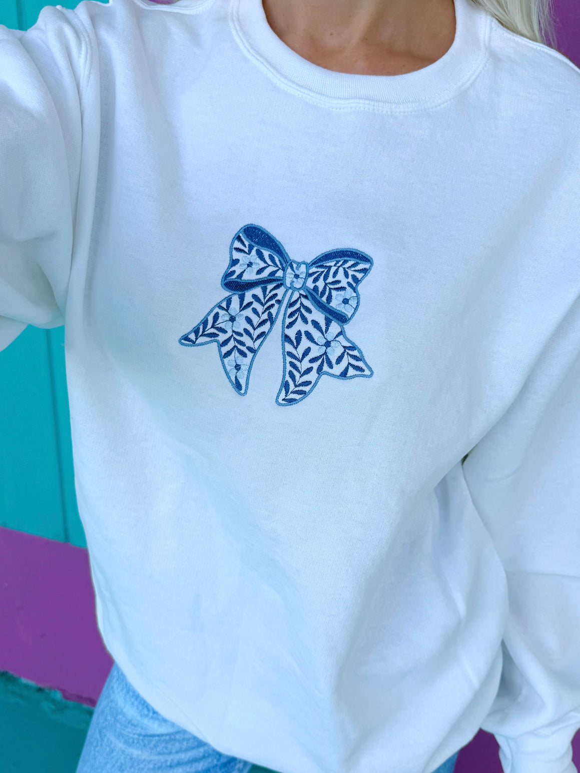 Dashing Denim Bow Embroidered Sweatshirt