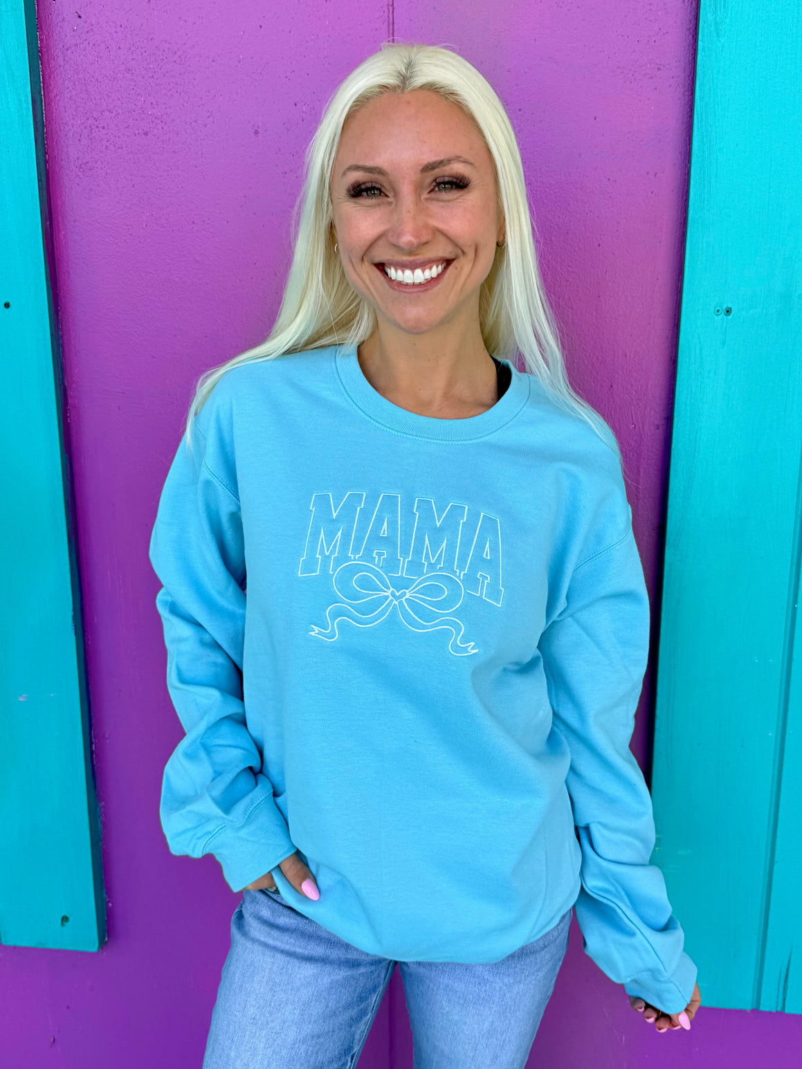Mama Bow Blue Embroidered Sweatshirt