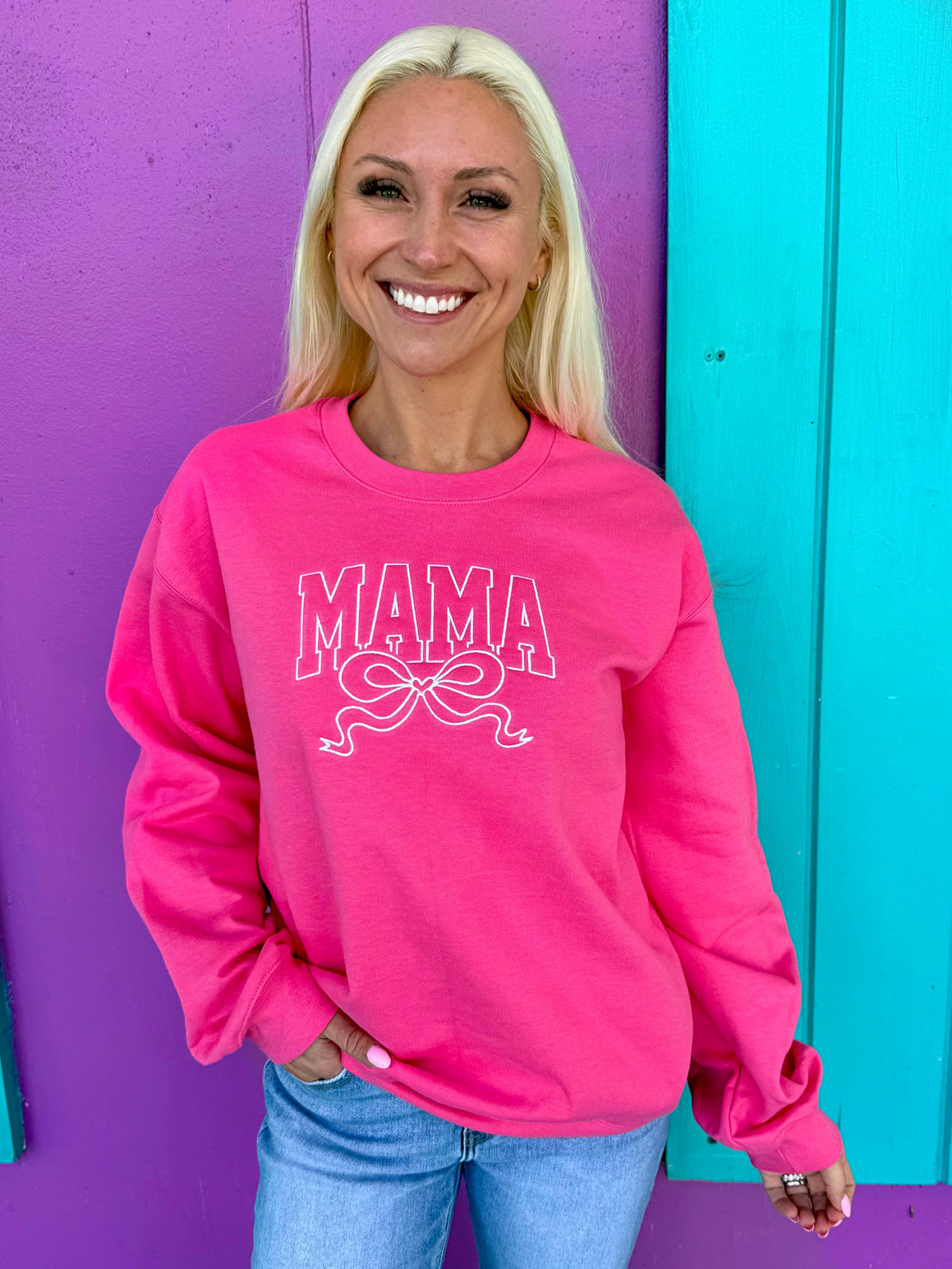 Mama Bow Pink Embroidered Sweatshirt