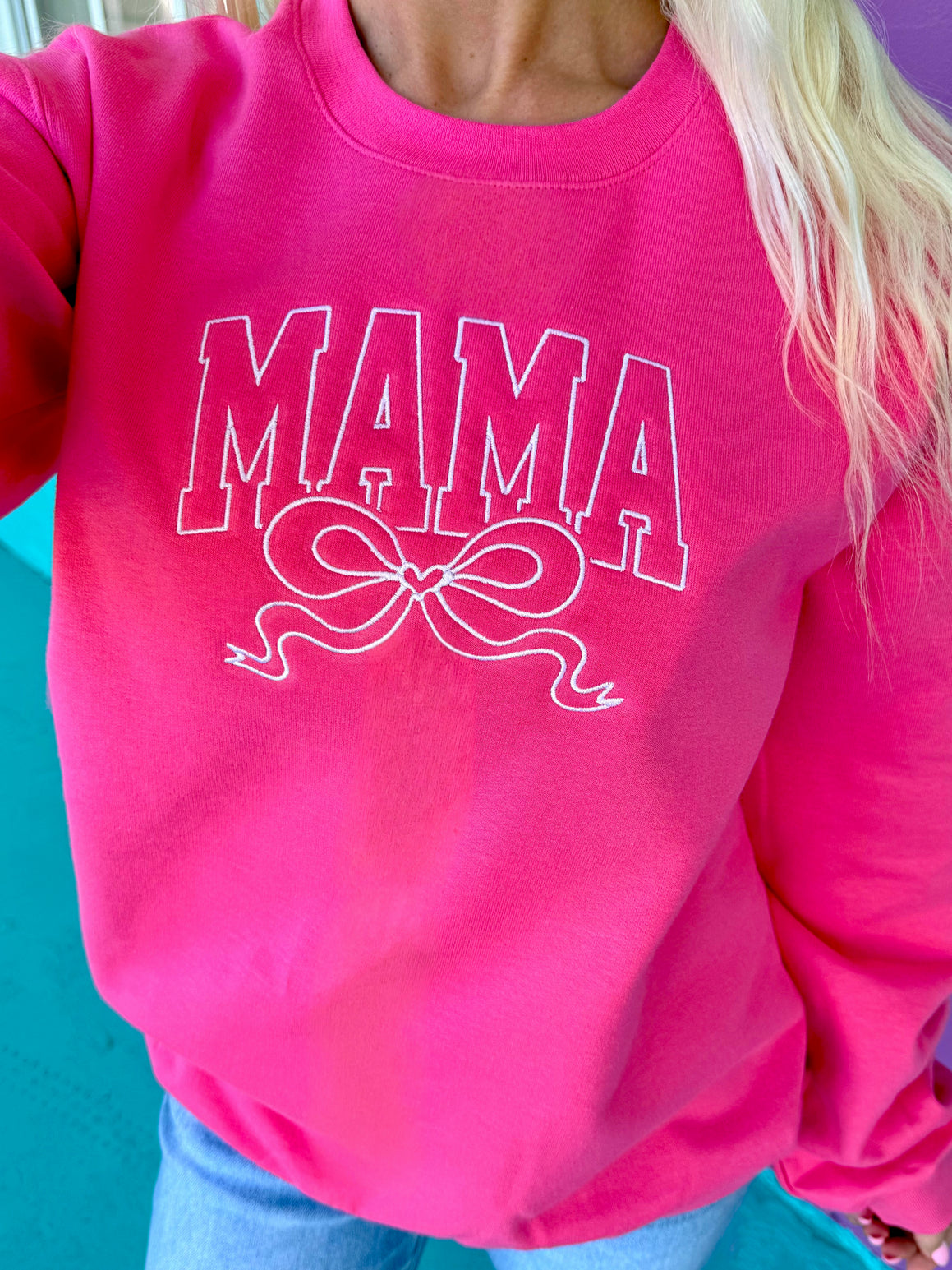 Mama Bow Pink Embroidered Sweatshirt