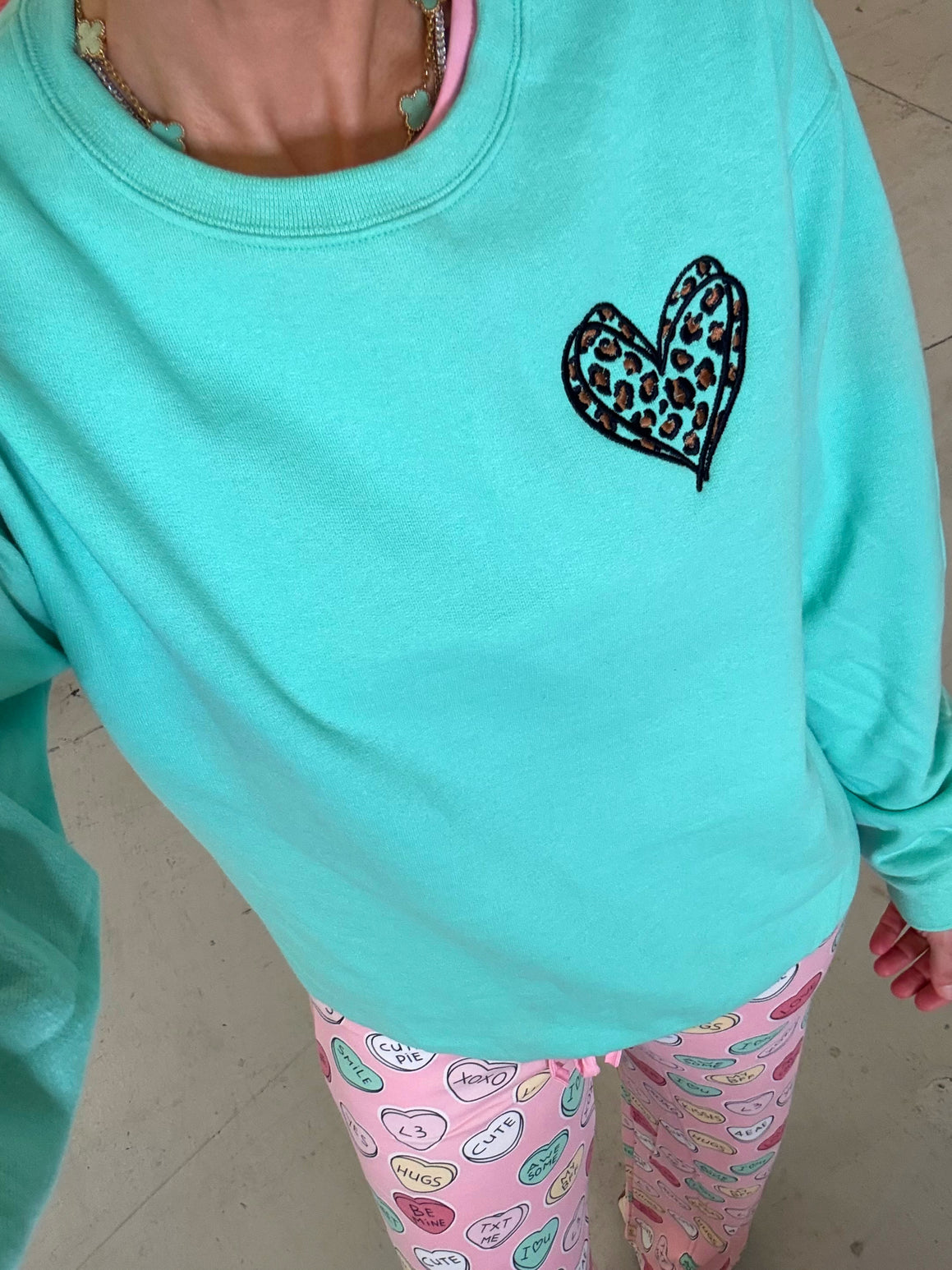 Leopard Heart Embroidered Mint Sweatshirt