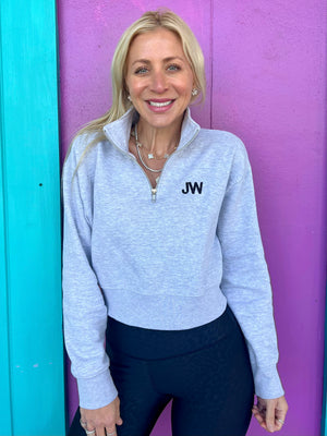 Cropped Initial Gray Embroidered Quarter Zip