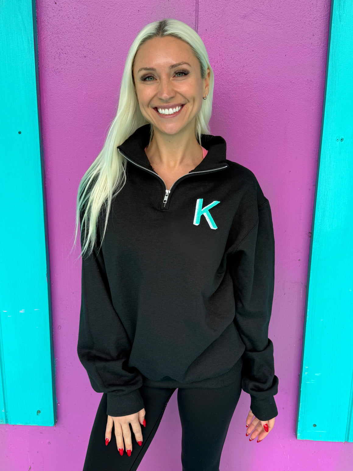 Black Embroidered Initial Quarter Zip Pullover (2XL-3XL)