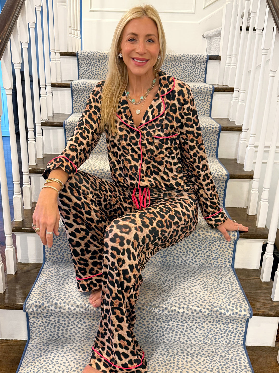 Leopard With Pink Trim Wide Leg Pants Pajama Set