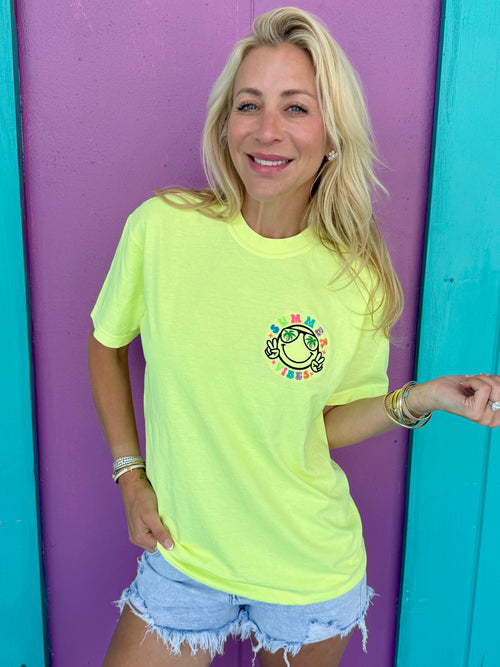 Summer Vibes Neon Yellow Embroidered Tee