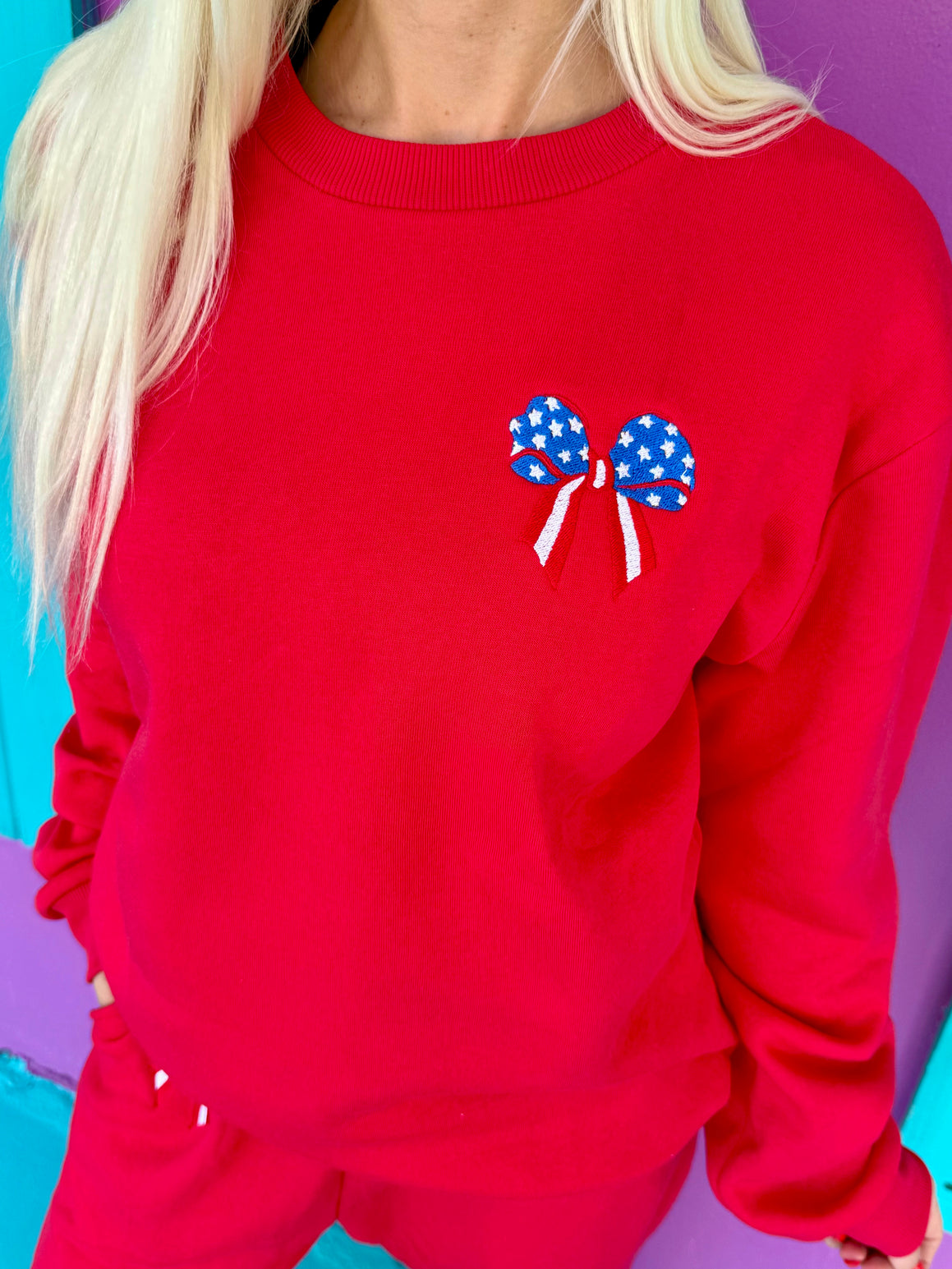 Stars and Stripes Bow Embroidered Sweatshirt
