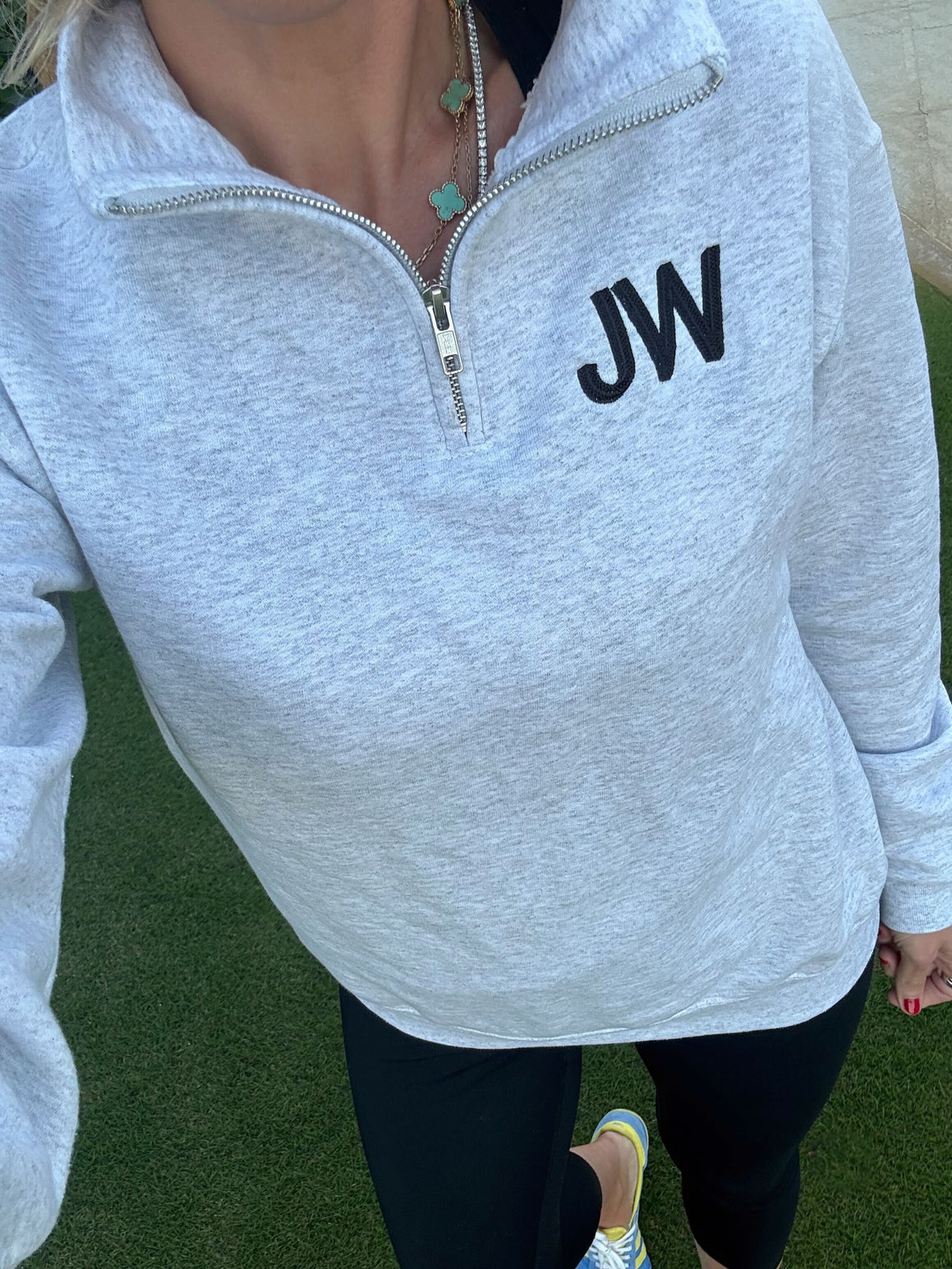 Gray Initial Embroidered Quarter Zip Pullover
