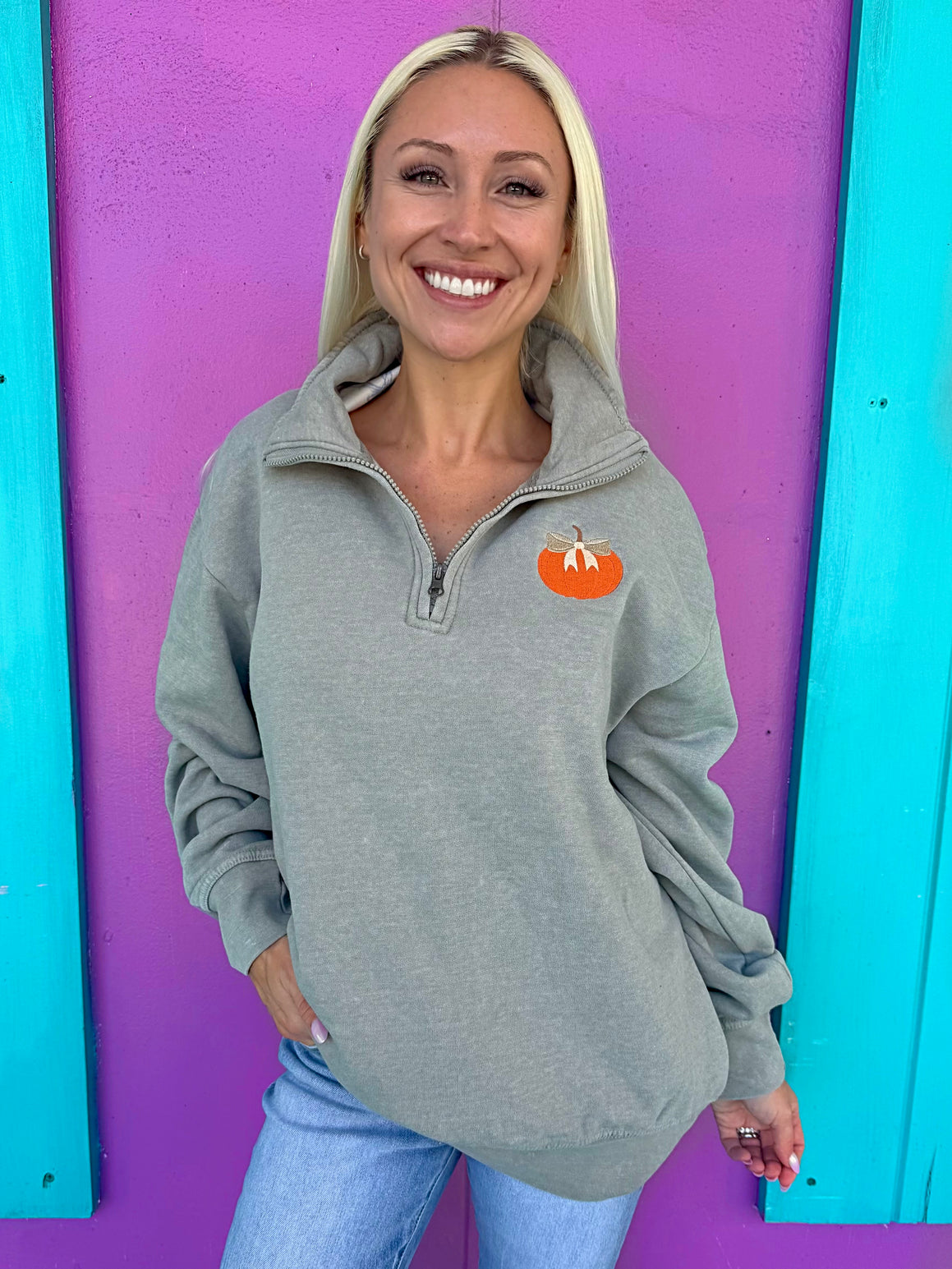 Pumpkin Bow Embroidered Quarter Zip Pullover