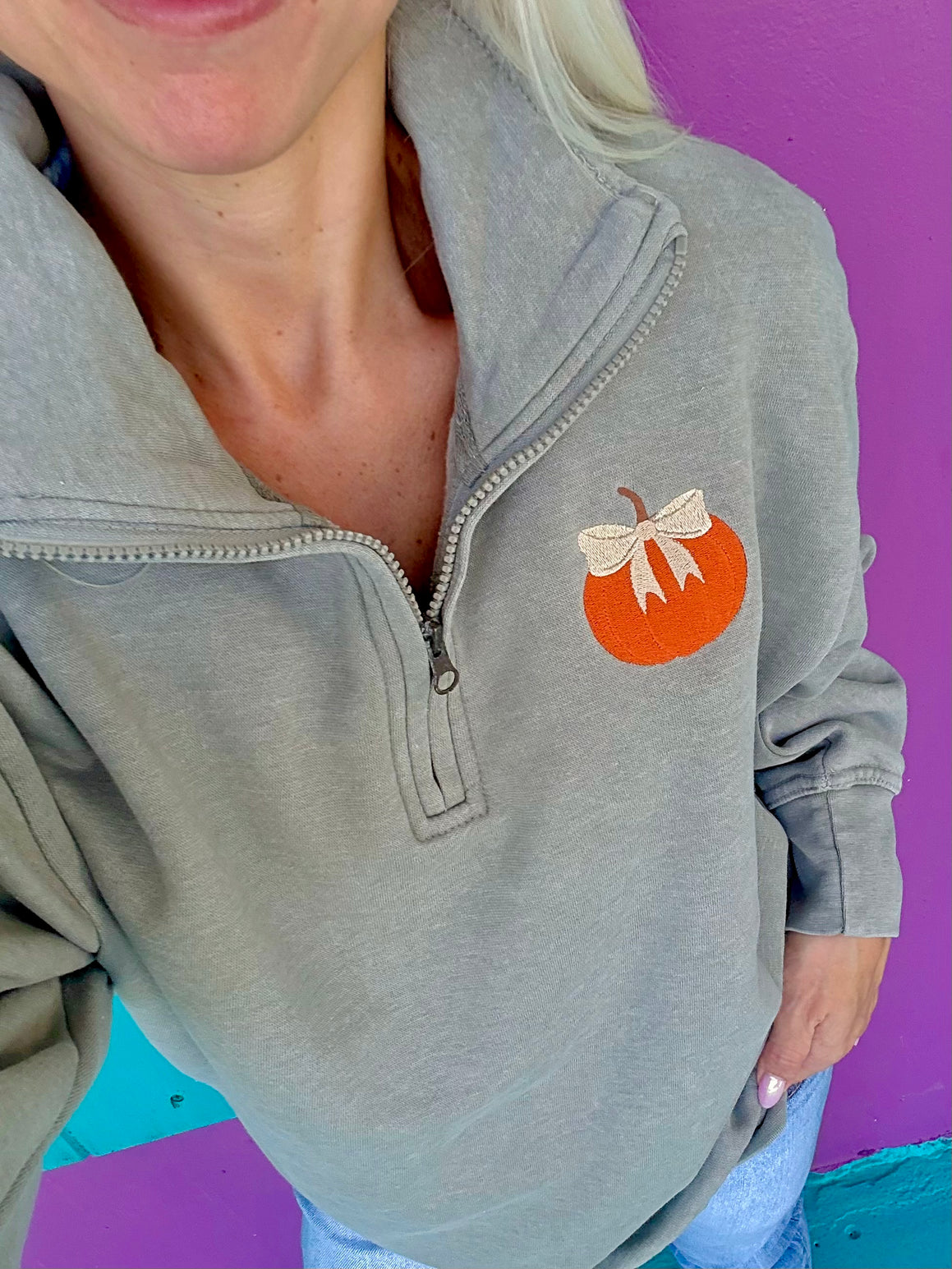 Pumpkin Bow Embroidered Quarter Zip Pullover