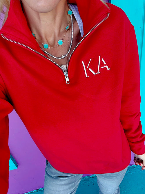 Red Initial Embroidered Quarter Zip Pullover