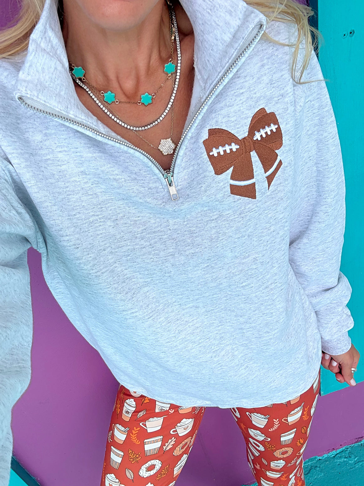 Football Embroidered Bow Quarter Zip