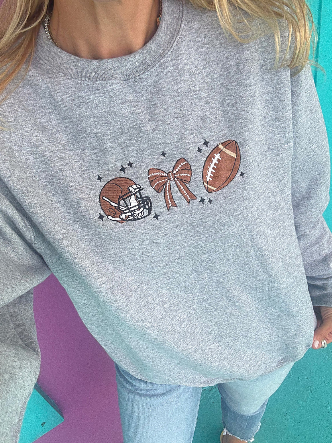 Cutesy Coquette Football Embroidered Sweatshirt