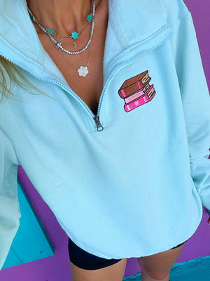 Book Girly Blue Acid Embroidered Quarter Zip Pullover