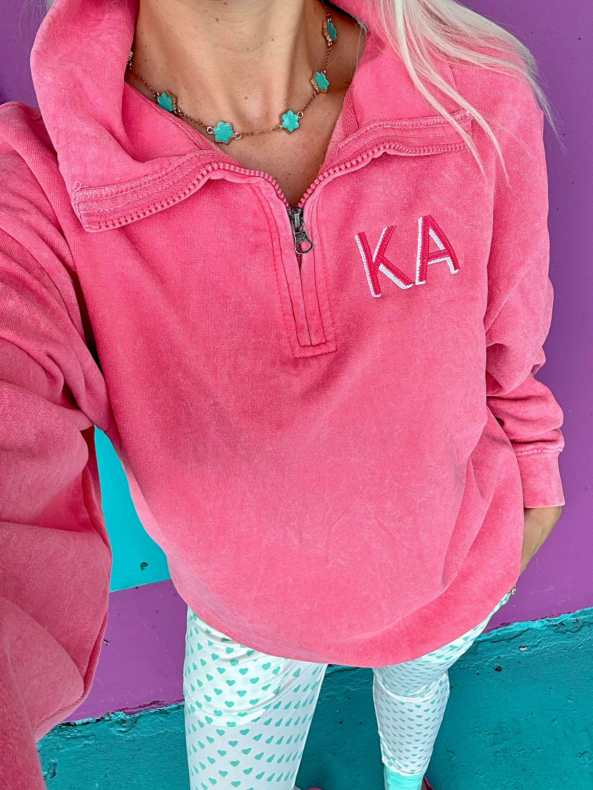 Acid Pink Embroidered Quarter Zip Pullover
