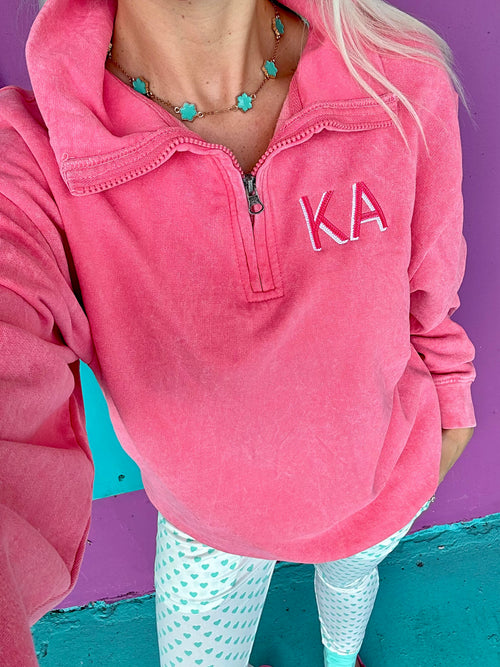 Acid Pink Embroidered Quarter Zip Pullover