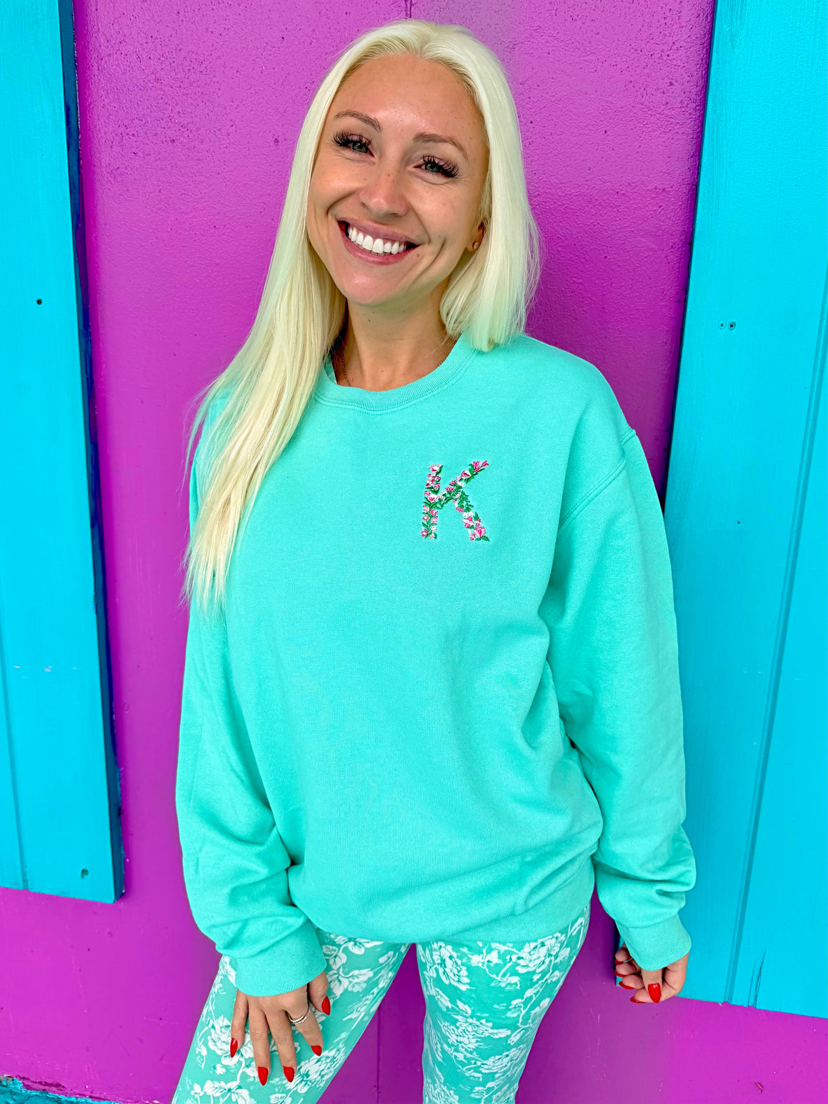 Mint & Pink Floral Embroidered Initial Sweatshirt