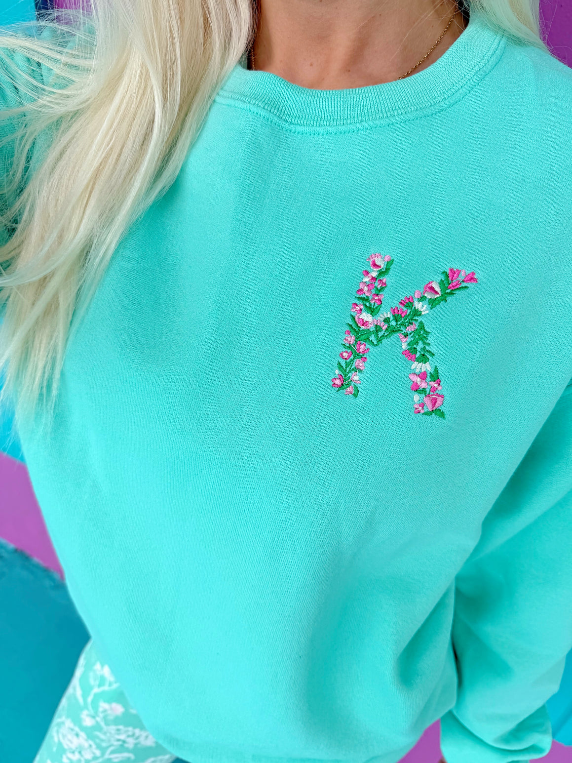 Mint & Pink Floral Embroidered Initial Sweatshirt