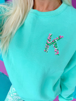 Mint & Pink Floral Embroidered Initial Sweatshirt