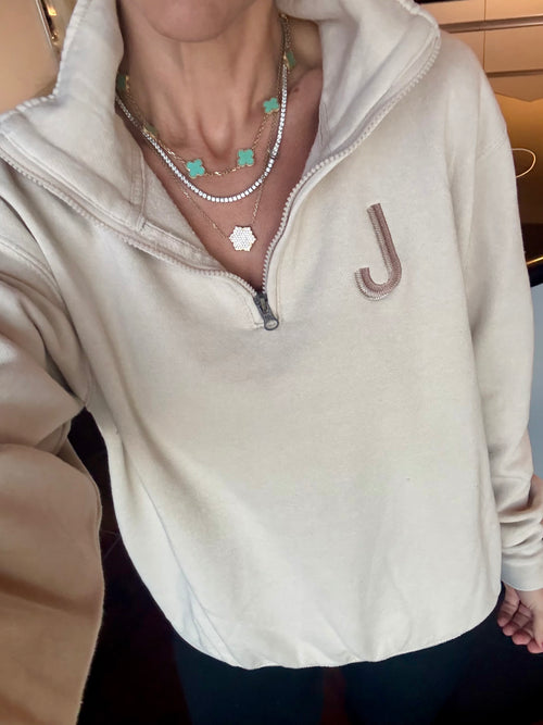 Oatmeal Initial Embroidered Quarter Zip Pullover (S-L)