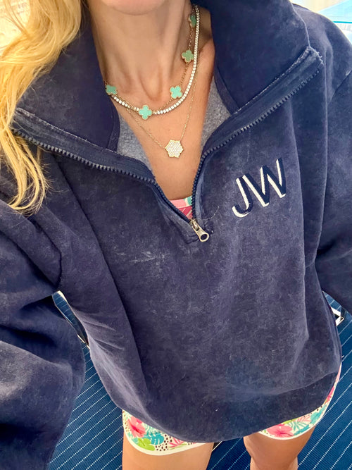 Acid Navy Embroidered Quarter Zip Pullover