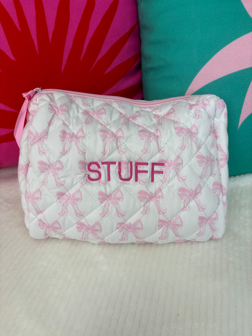 "STUFF" Pink Bow Embroidered Toiletry Bag