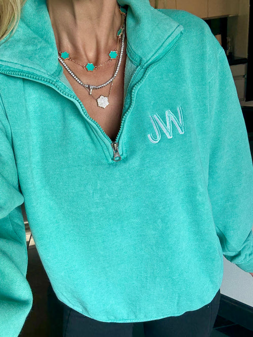 Acid Teal Embroidered Quarter Zip Pullover