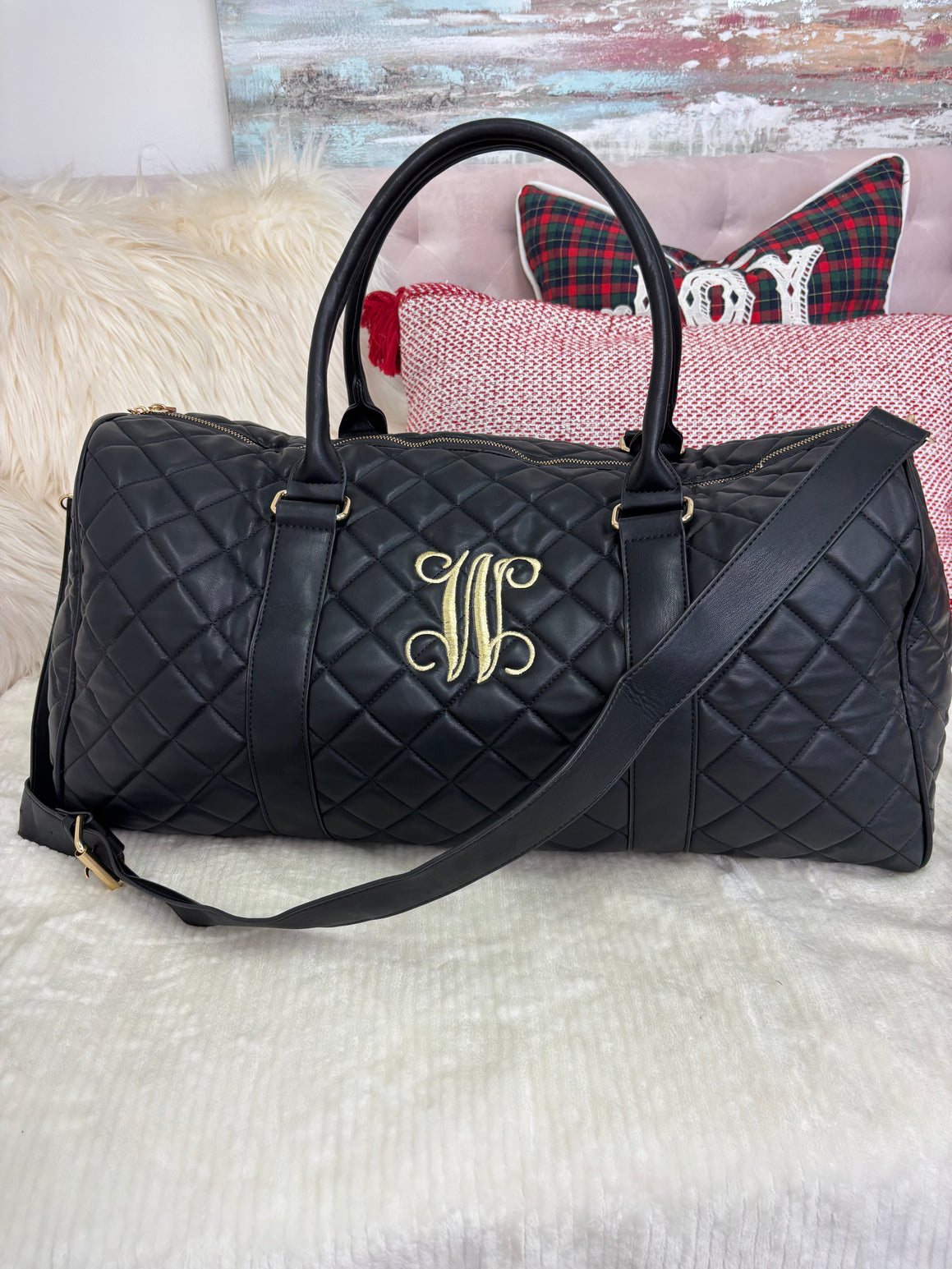 Embroidered Initial Black Quilted Duffle Bag