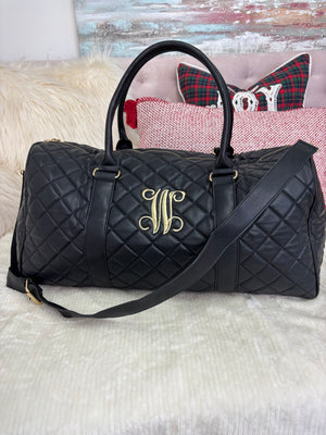 Embroidered Initial Black Quilted Duffle Bag