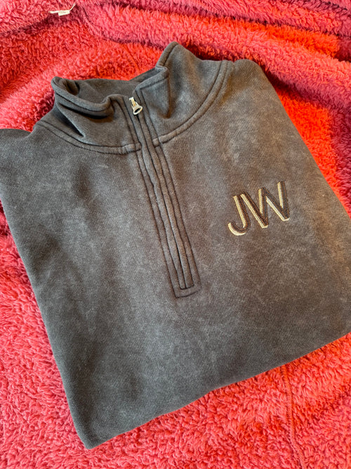 Acid Black Embroidered Quarter Zip Pullover