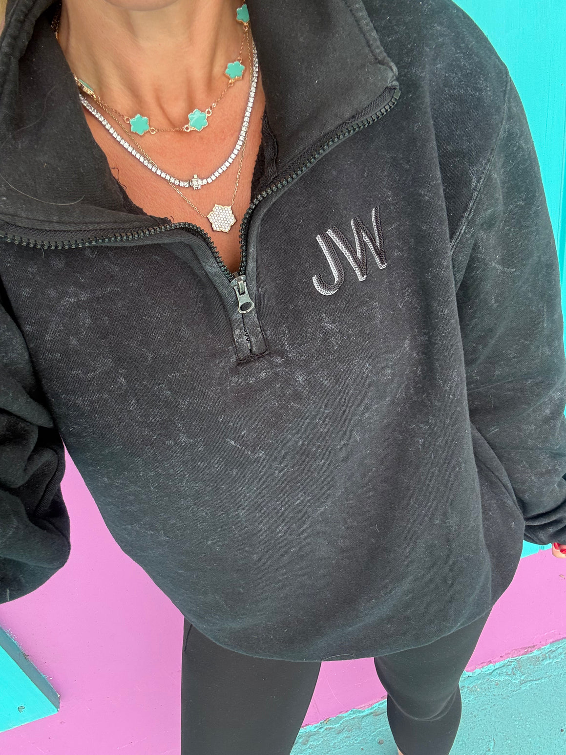 Acid Black Embroidered Quarter Zip Pullover