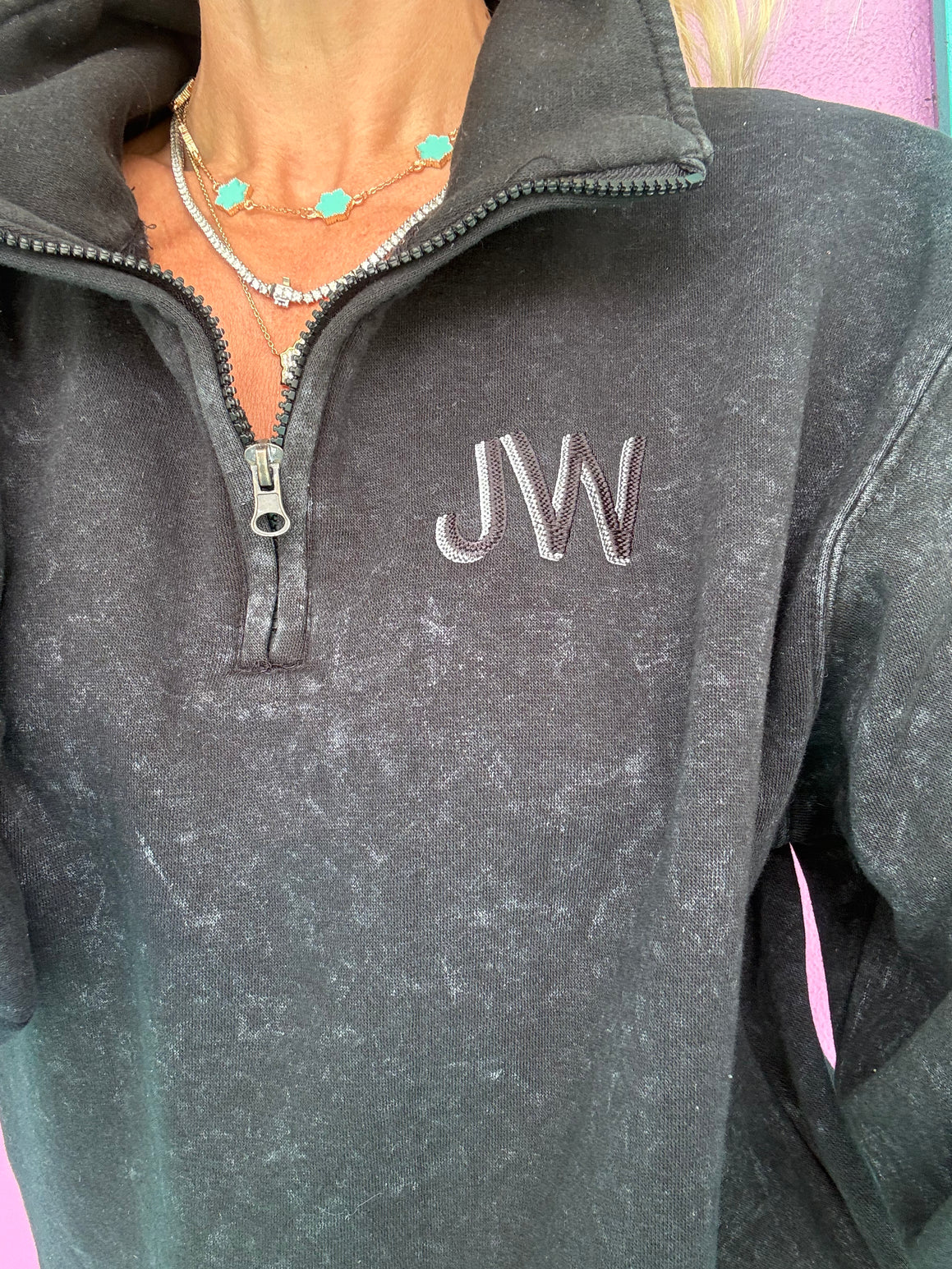 Acid Black Embroidered Quarter Zip Pullover
