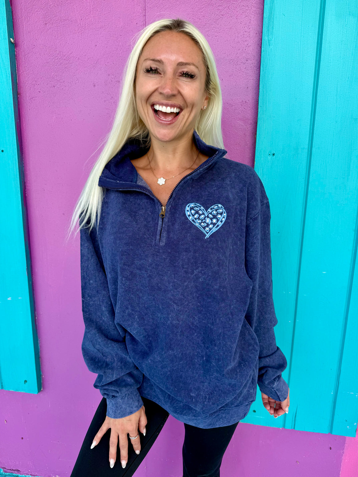 Leopard Heart Navy Embroidered Quarter Zip Pullover
