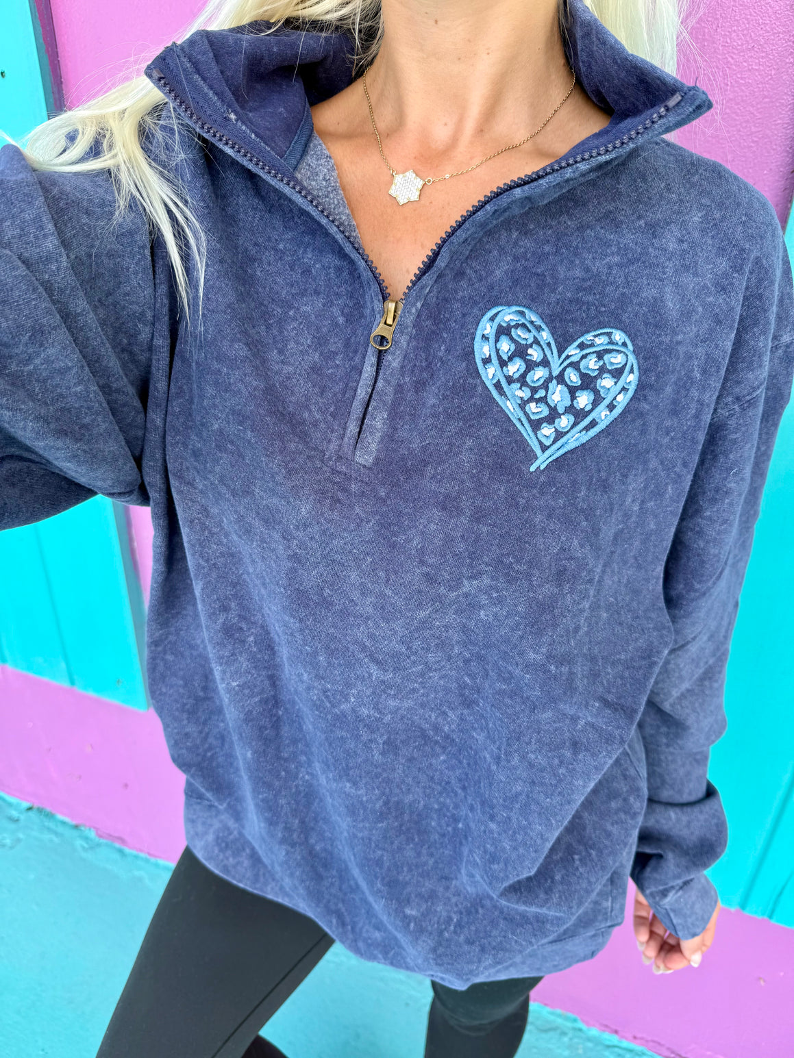Leopard Heart Navy Embroidered Quarter Zip Pullover
