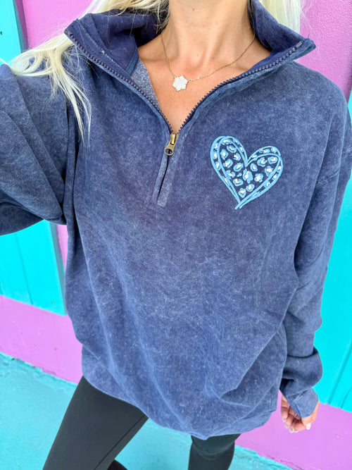 Leopard Heart Navy Embroidered Quarter Zip Pullover