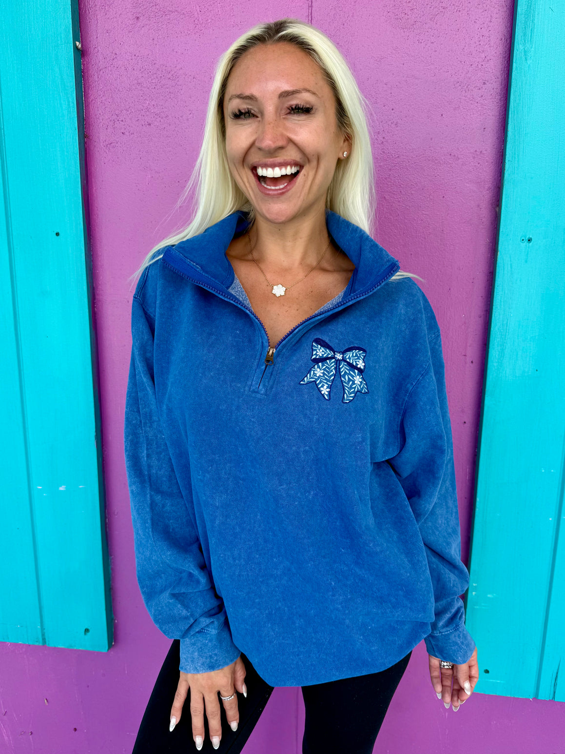 Blossom Bow Denim Embroidered Quarter Zip Pullover