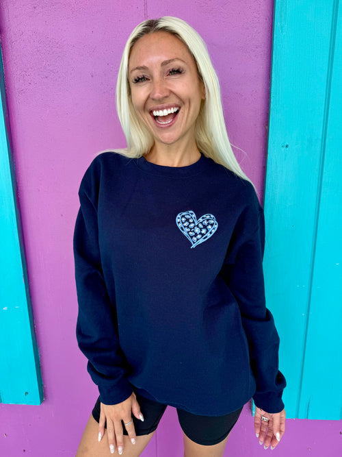 Leopard Heart Embroidered Navy Sweatshirt