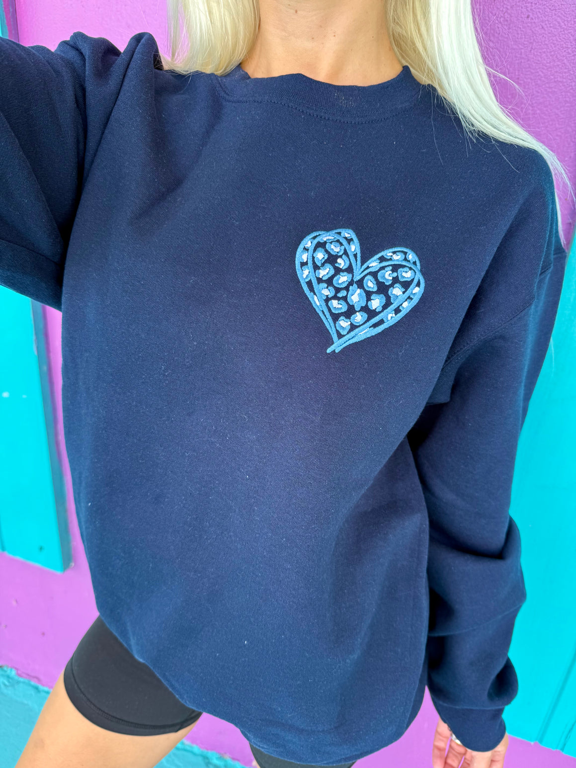 Leopard Heart Embroidered Navy Sweatshirt