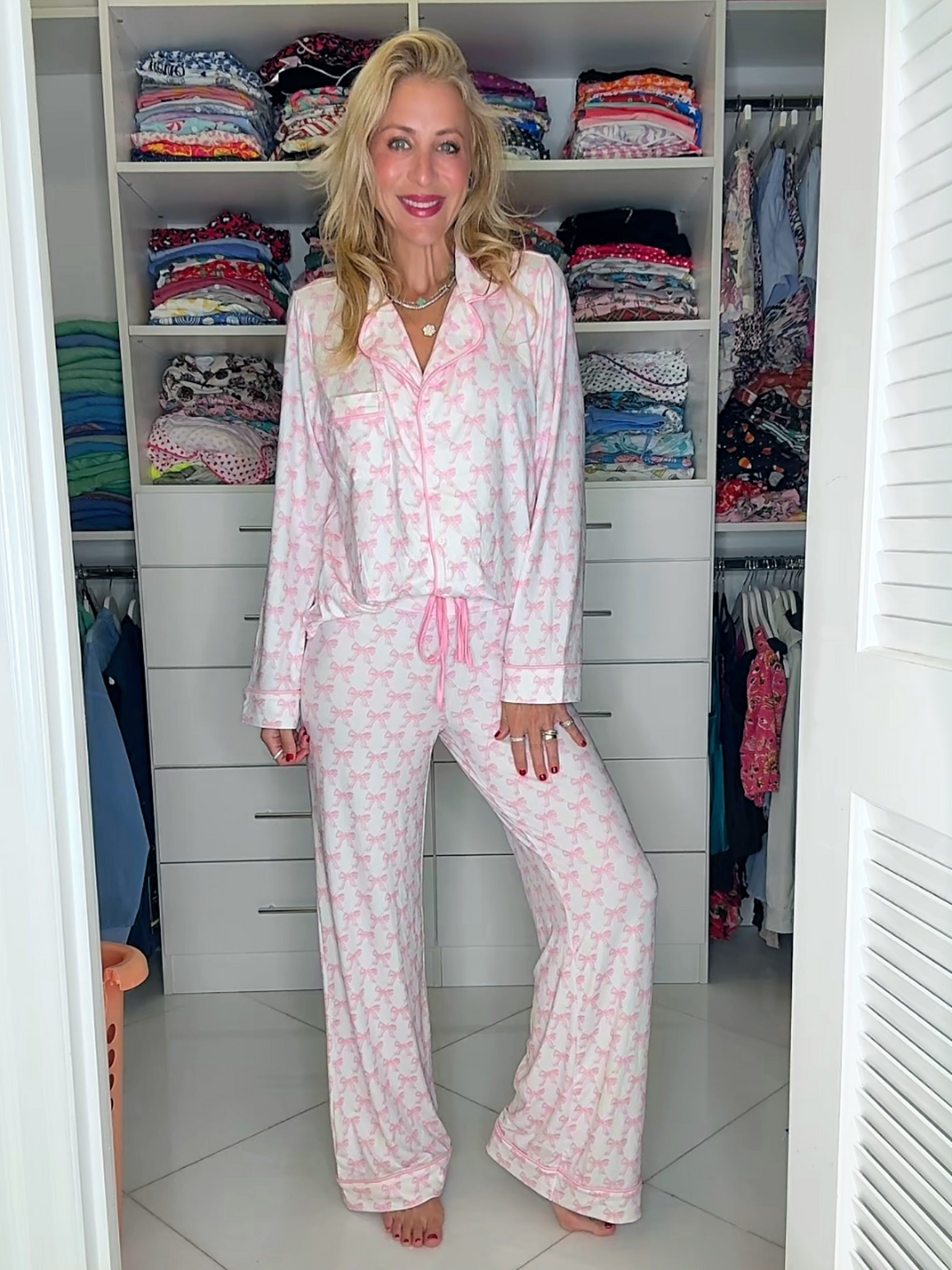 Jordann standing wearing size Medium Pink Bow Wide Leg PJ Set by Sunshine Sisters