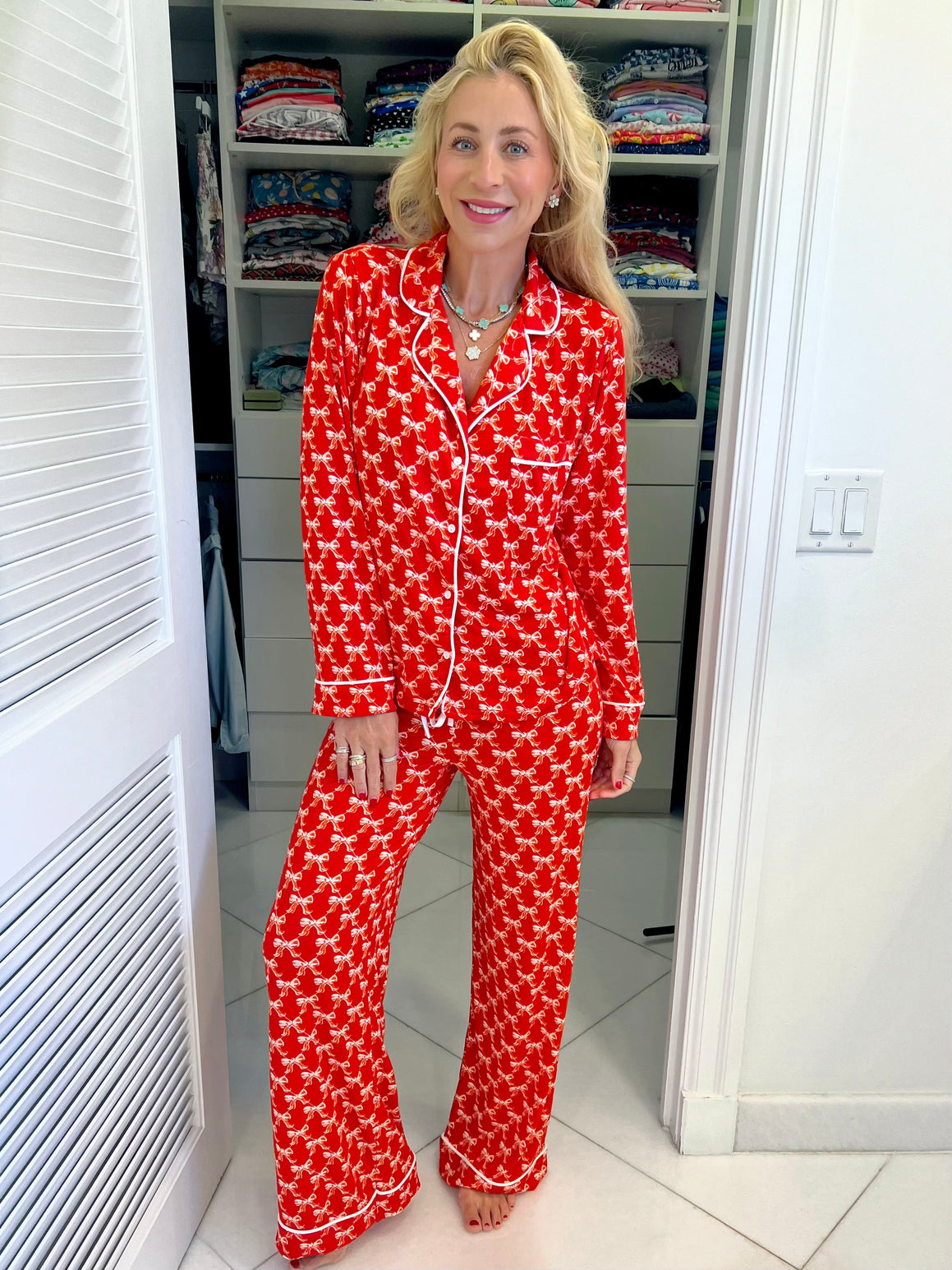 Jordann wearing the Red Bow Wide Leg Pajama Set