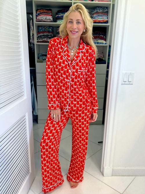 Jordann wearing the Red Bow Wide Leg Pajama Set