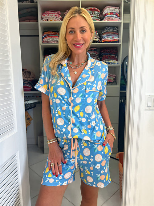 Jordann wearing the Tangerine Dream Pajama Shorts Set in size Medium