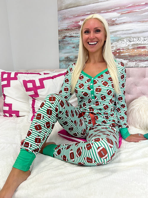 Football Pajama Set for Women featuring a white and green striped background with a charming football pattern.