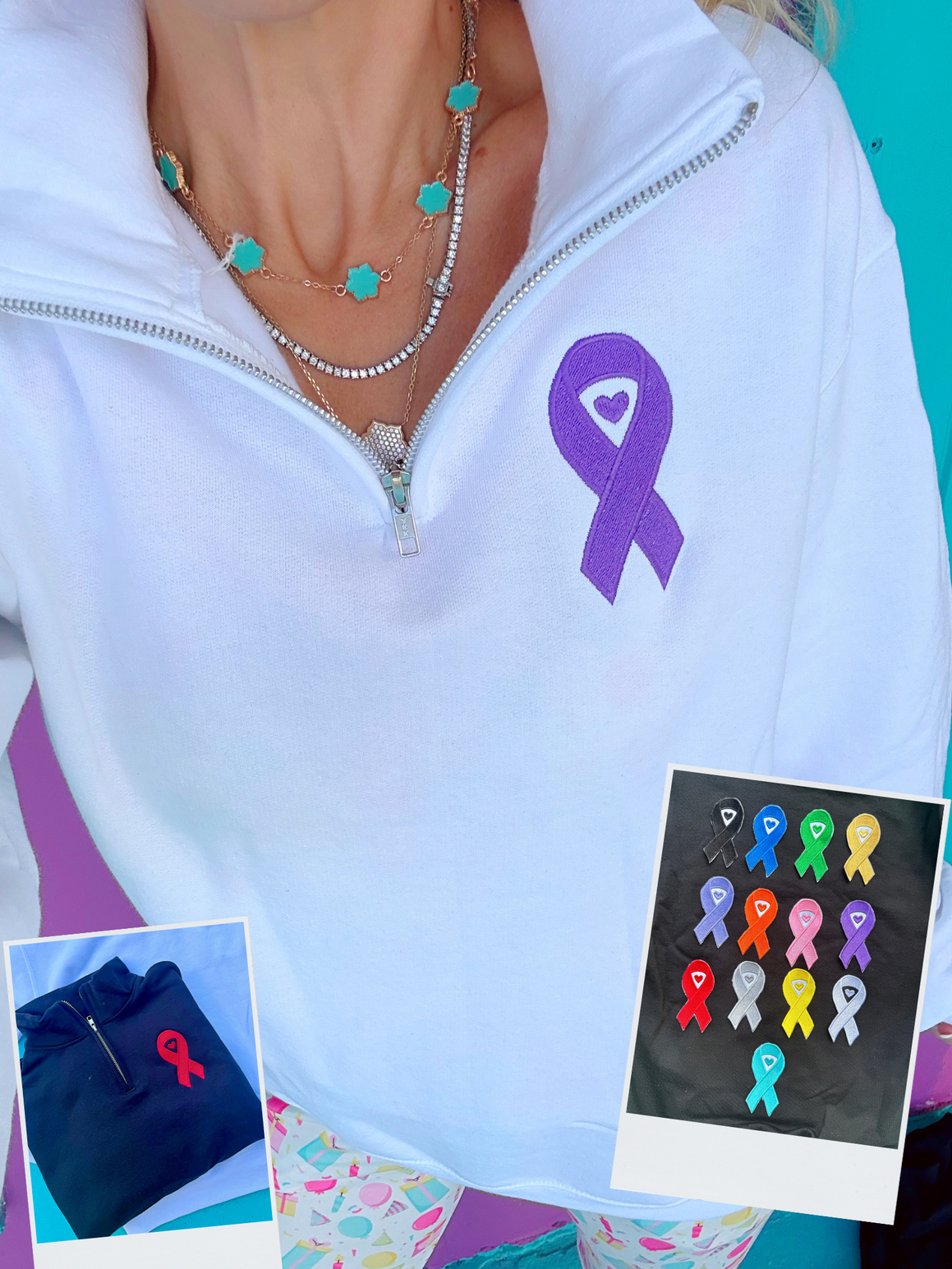 Awareness Ribbon Embroidered Quarter Zip Pullover