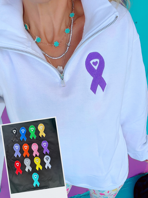 Awareness Ribbon Embroidered White Quarter Zip Pullover